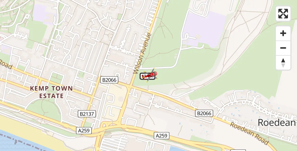 Flight path map showing Air Ambulance Helicopter route from Roedean to Brighton
