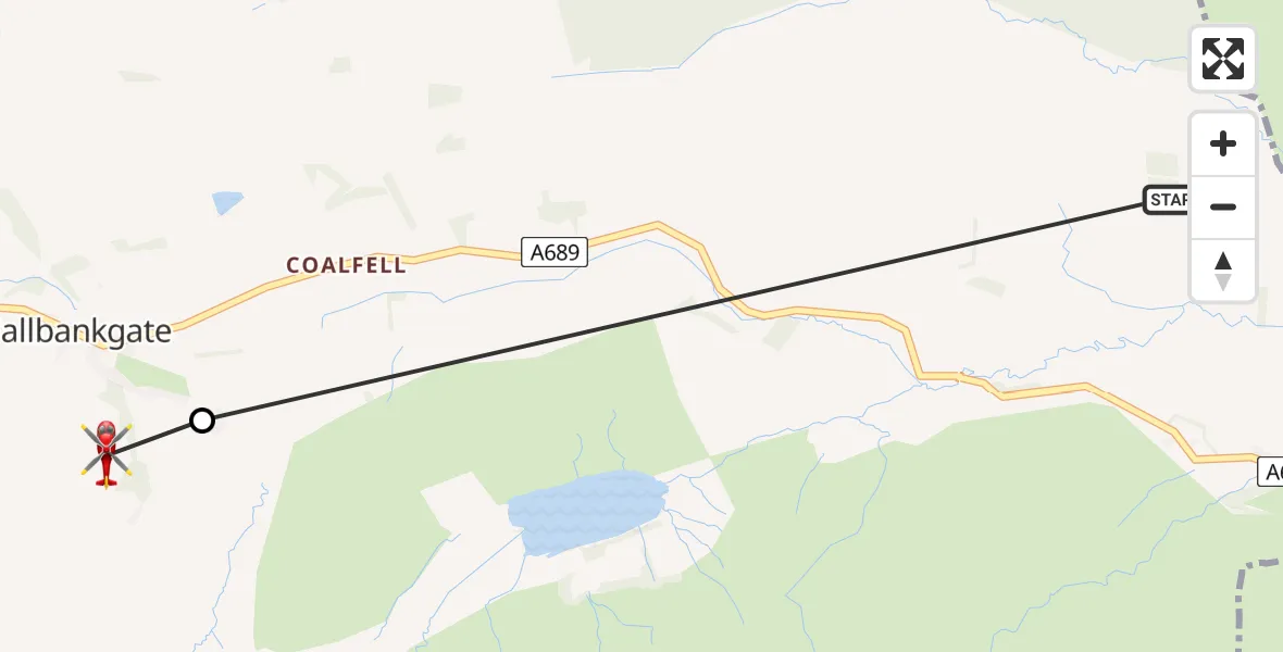 Flight path map showing Air Ambulance Helicopter route from Farlam to Hallbankgate