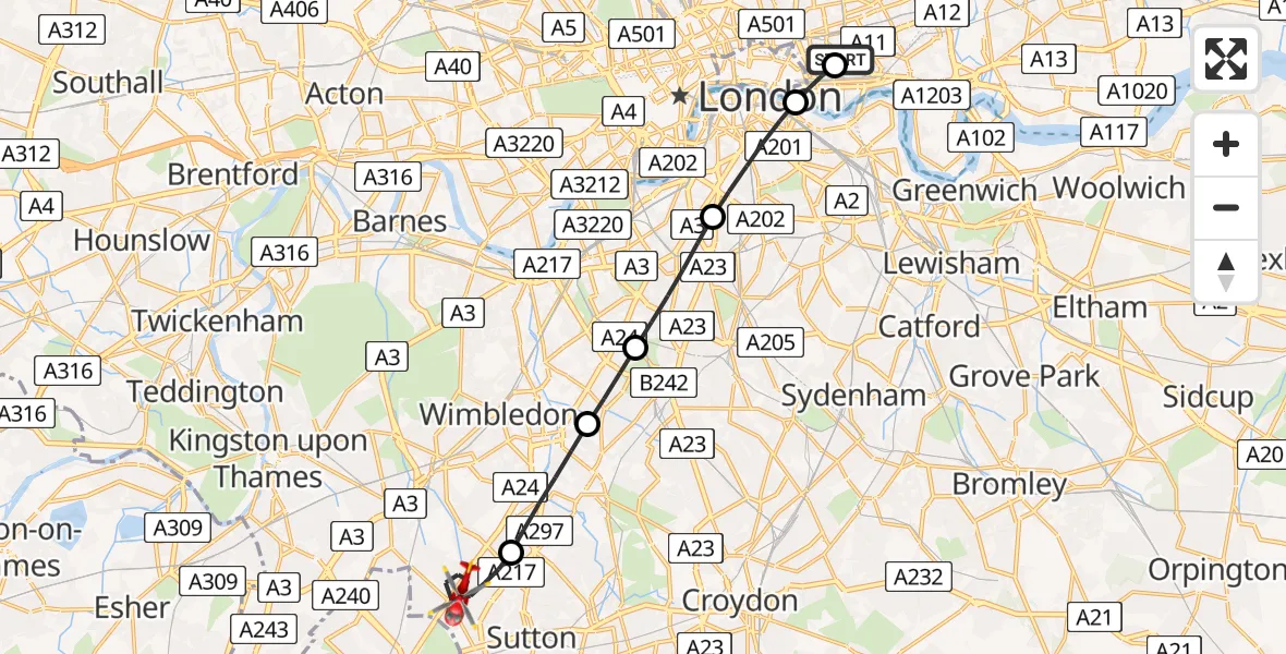 Flight path map showing Air Ambulance Helicopter route from Royal London Hospital to London Borough of Sutton