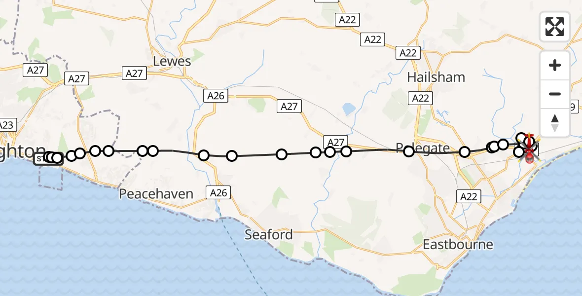Flight path map showing Air Ambulance Helicopter route from Roedean to Churchlands Farm Airstrip