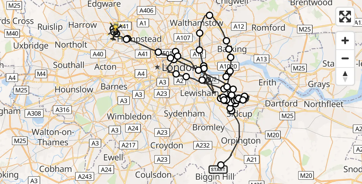 Flight path map showing Police Helicopter route from London Biggin Hill Airport to London Borough of Brent