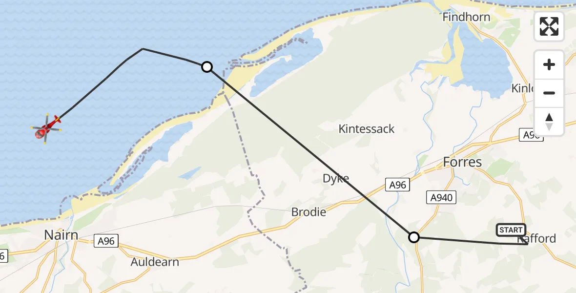 Flight path map showing Air Ambulance Helicopter route from Rafford to North Sea