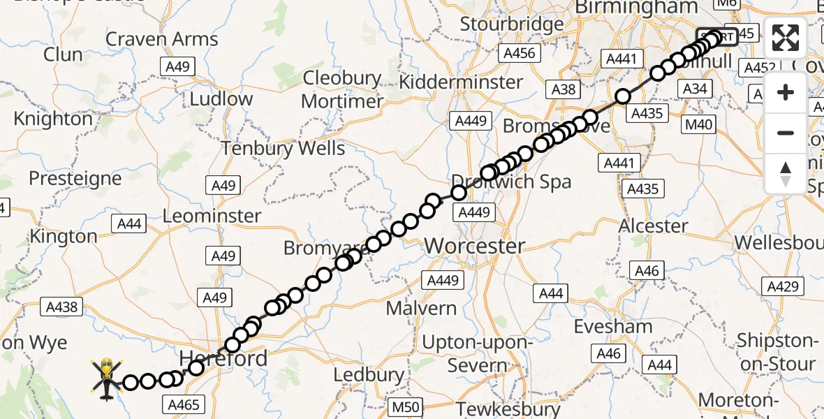 Flight path map showing Police Helicopter route from Birmingham Airport to Vowchurch