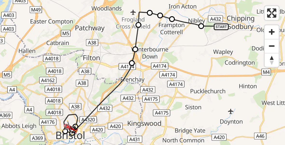 Flight path map showing Air Ambulance Helicopter route from Yate to Bristol Royal Infirmary