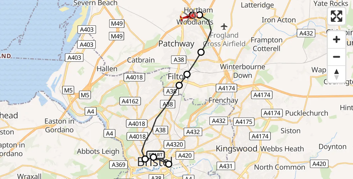 Flight path map showing Air Ambulance Helicopter route from Bristol Royal Infirmary to Almondsbury Helicopter Base