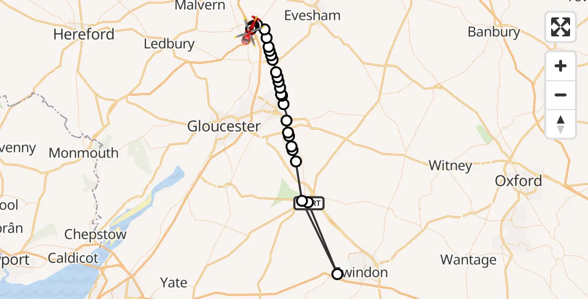Flight path map showing Air Ambulance Helicopter route from Siddington to Hill Croome