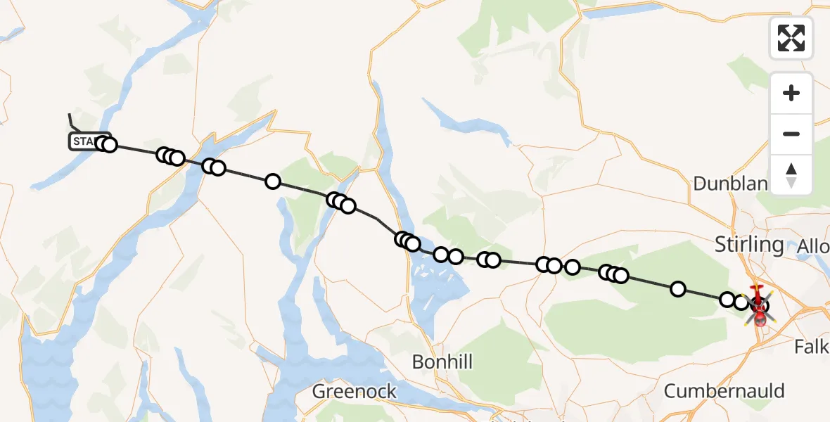 Flight path map showing Air Ambulance Helicopter route from Dalavich to Bannockburn
