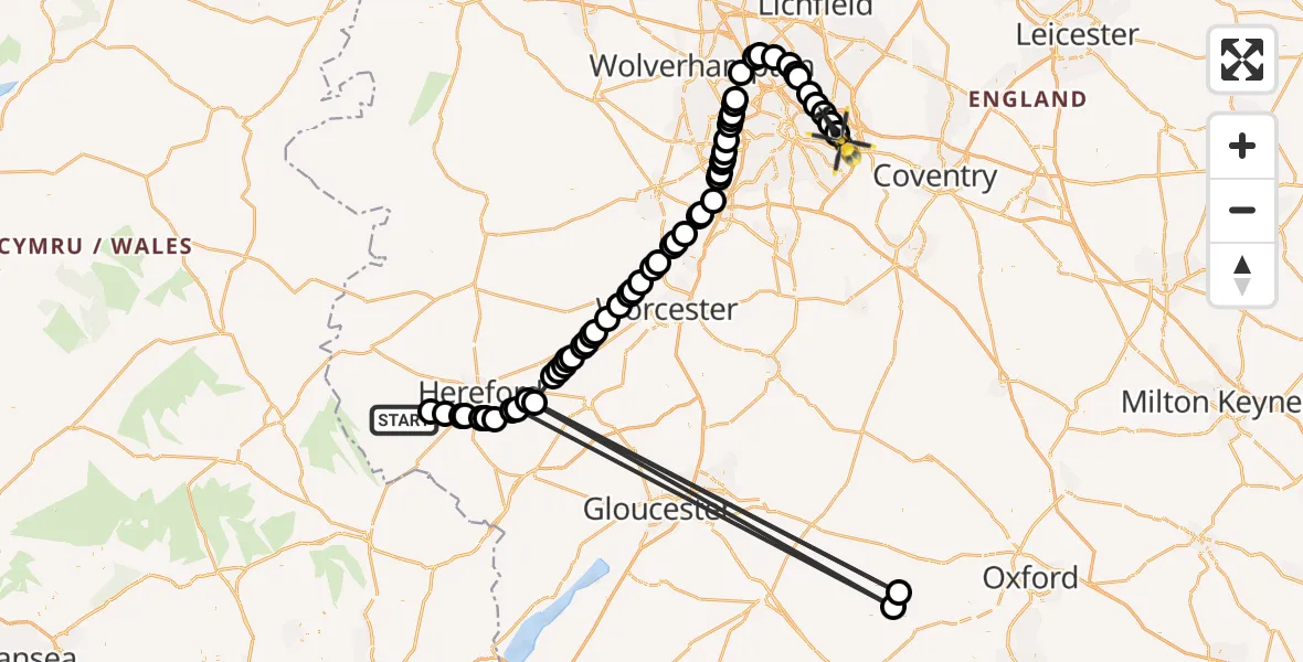 Flight path map showing Police Helicopter route from Vowchurch to Tile Cross