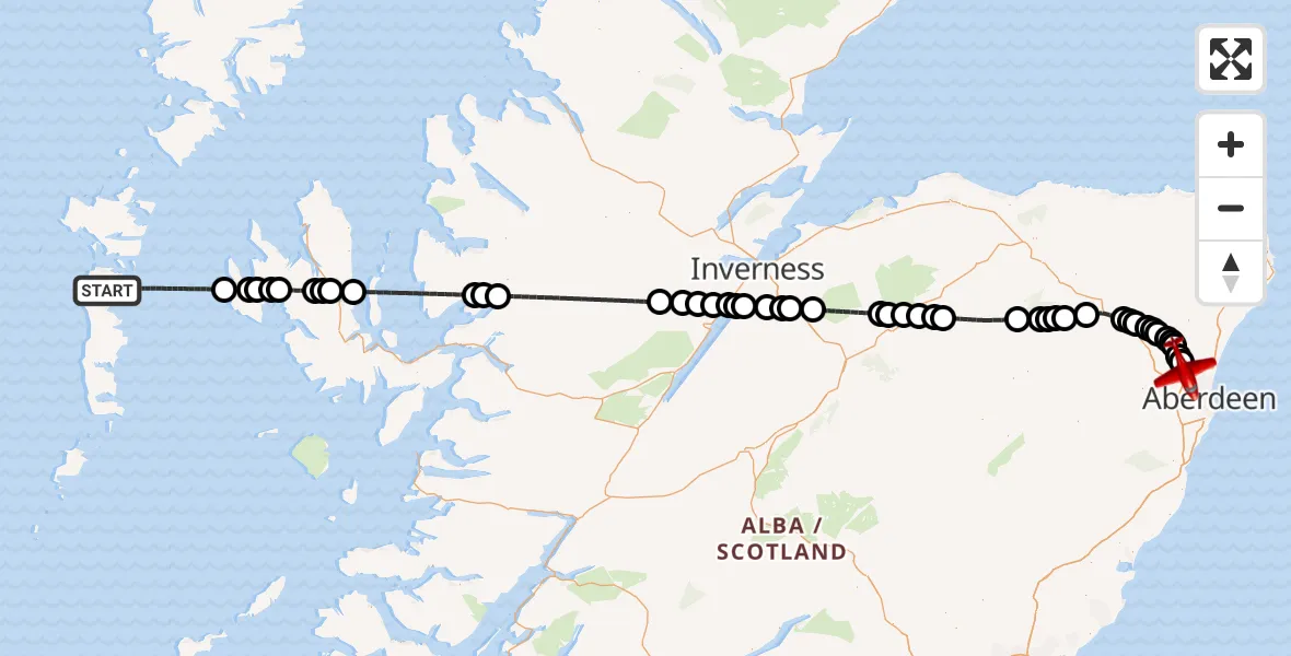 Flight path map showing Air Ambulance Aircraft route from Inner Seas to Aberdeen City