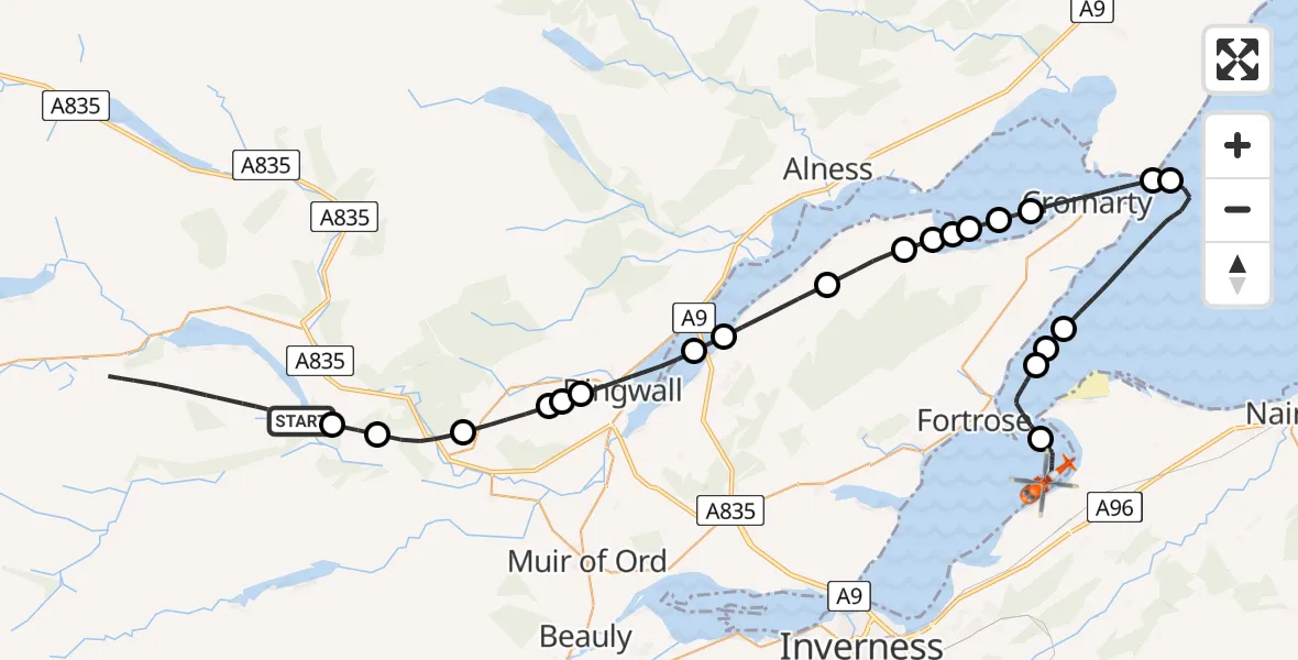 Flight path map showing Coastguard Helicopter route from Garve to Ardersier
