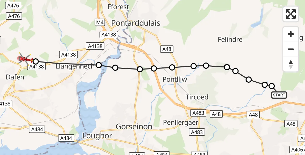Flight path map showing Air Ambulance Helicopter route from Morriston Hospital Helipad to Dafen