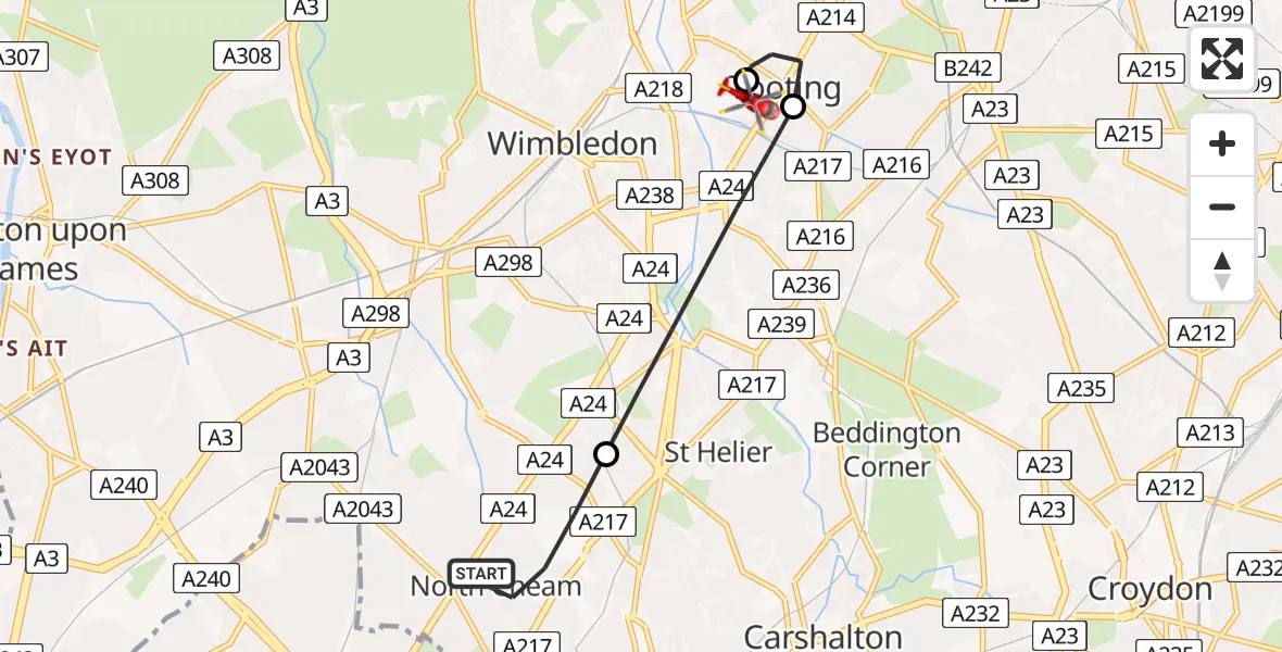 Flight path map showing Air Ambulance Helicopter route from London Borough of Sutton to St Georges Hospital