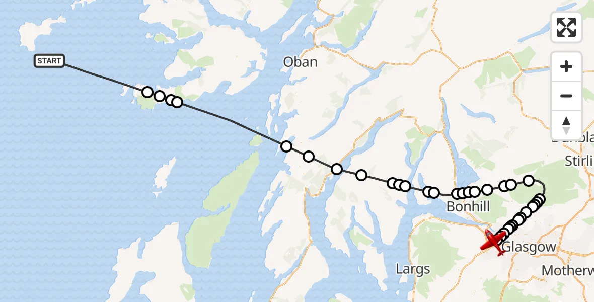 Flight path map showing Air Ambulance Aircraft route from Inner Seas to Glasgow Airport