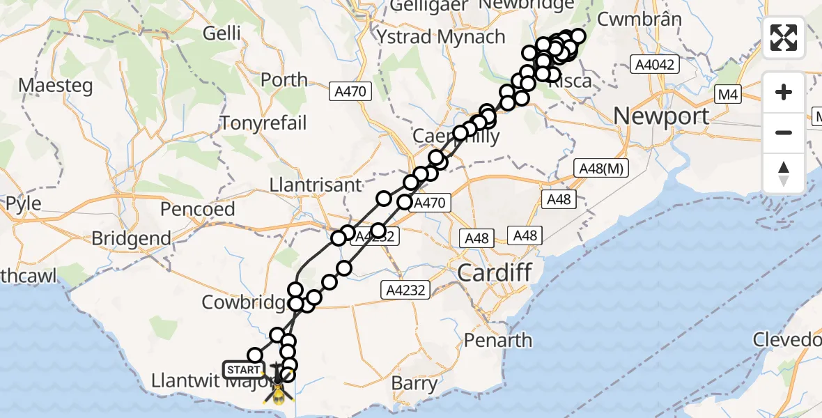 Flight path map showing Police Helicopter route from Eglwys Brewis to MOD St Athan