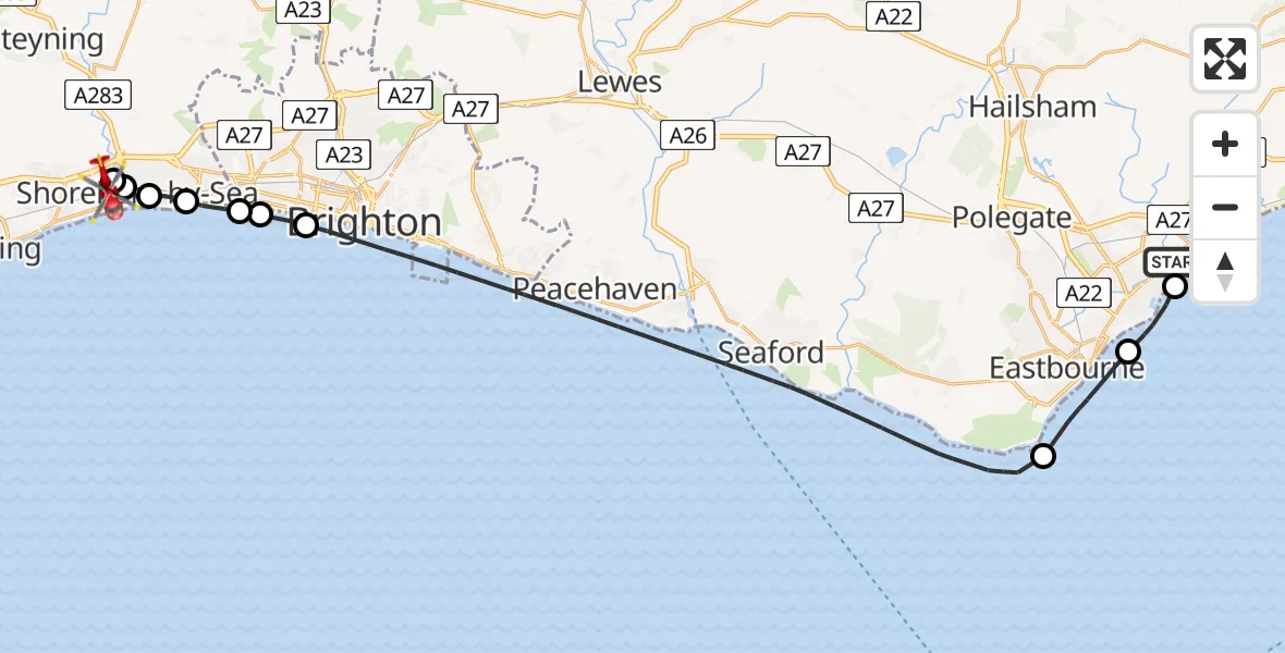 Flight path map showing Air Ambulance Helicopter route from Pevensey Bay to Brighton City Airport
