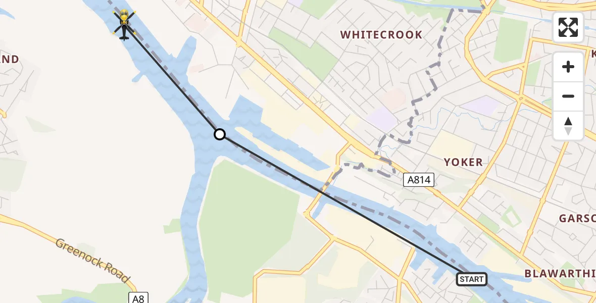 Flight path map showing Police Helicopter route from Renfrew to Clydebank