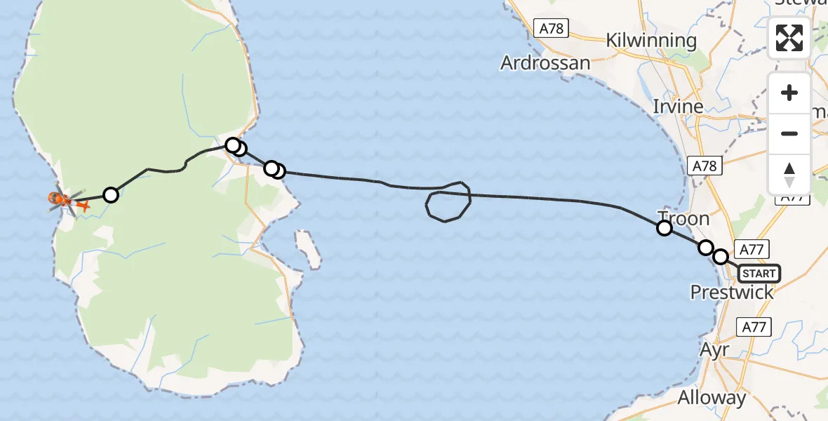 Flight path map showing Coastguard Helicopter route from Glasgow Prestwick Airport to Machrie
