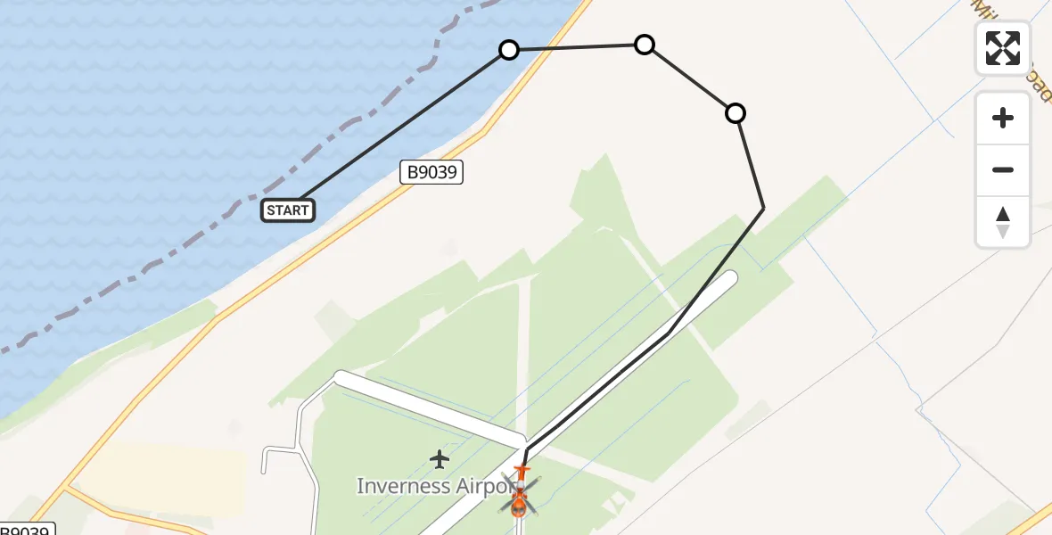 Flight path map showing Coastguard Helicopter route from Ardersier to Inverness Airport