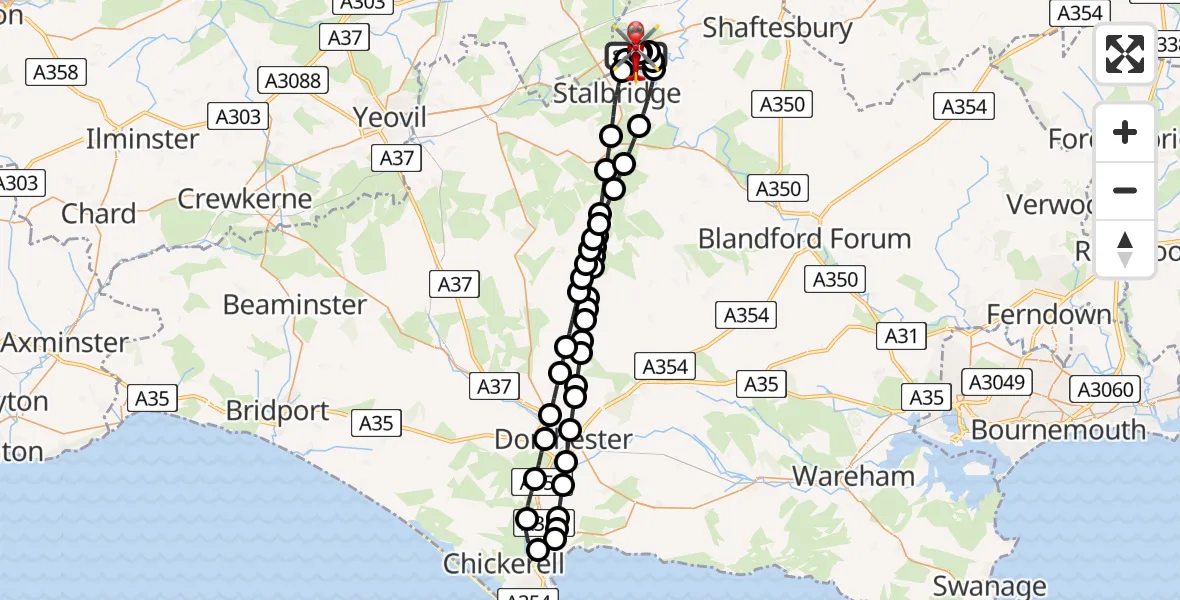 Flight path map showing Air Ambulance Helicopter route from Henstridge Airfield to Henstridge Airfield