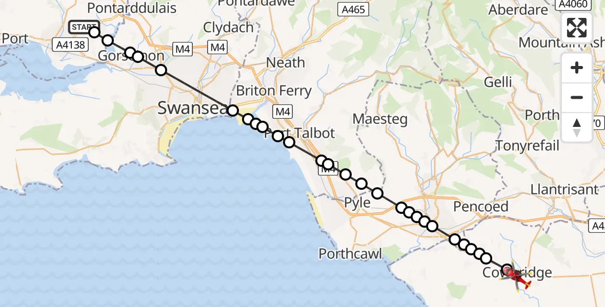 Flight path map showing Air Ambulance Helicopter route from Dafen to Cowbridge