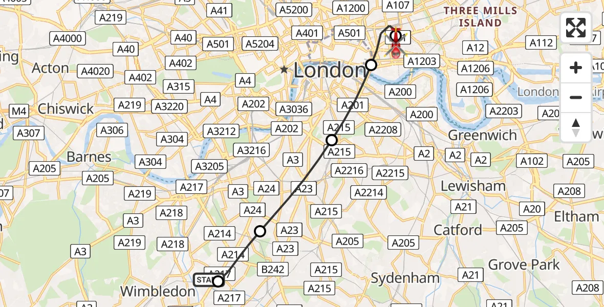Flight path map showing Air Ambulance Helicopter route from St Georges Hospital to Royal London Hospital