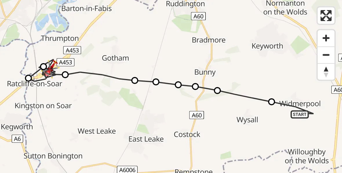 Flight path map showing Air Ambulance Helicopter route from Widmerpool to Ratcliffe on Soar