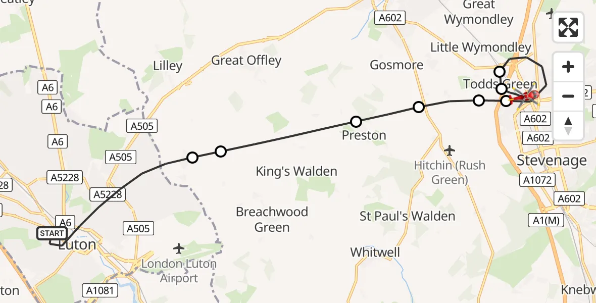 Flight path map showing Air Ambulance Helicopter route from Luton to Stevenage