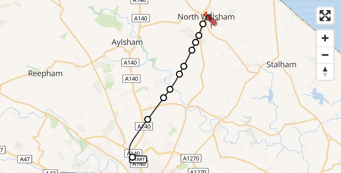 Flight path map showing Air Ambulance Helicopter route from Norwich Airport to North Walsham