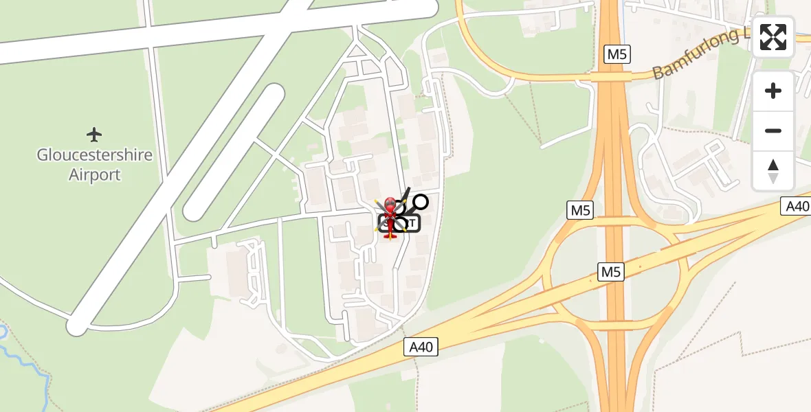 Flight path map showing Air Ambulance Helicopter route from Gloucestershire Airport to Tewkesbury