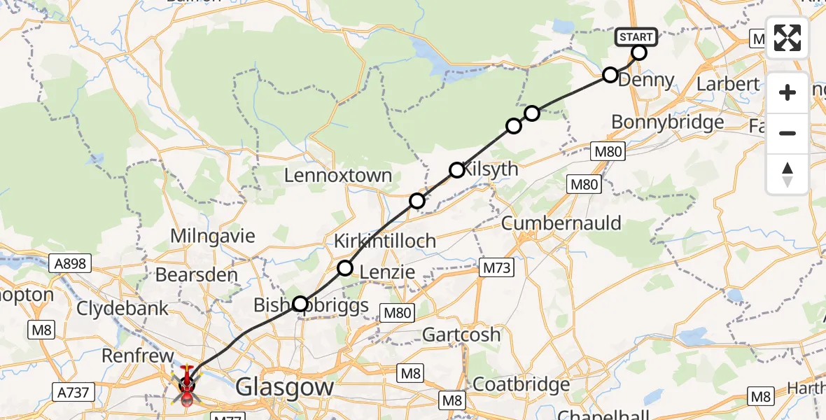 Flight path map showing Air Ambulance Helicopter route from Bannockburn to Queen Elizabeth Hospital