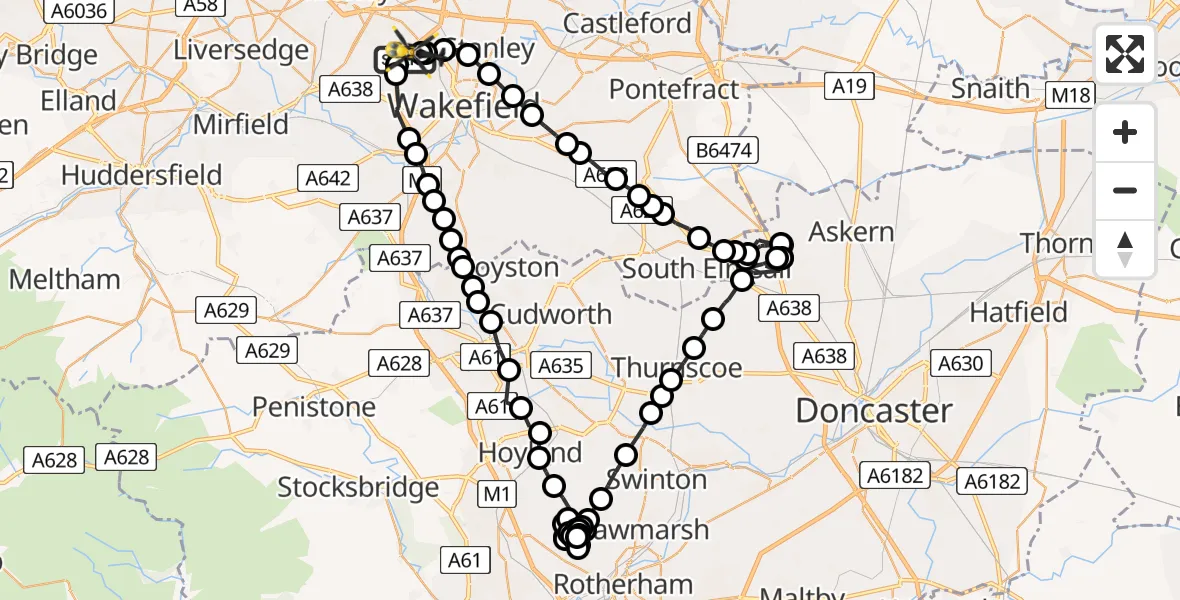 Flight path map showing Police Helicopter route from East Ardsley to East Ardsley