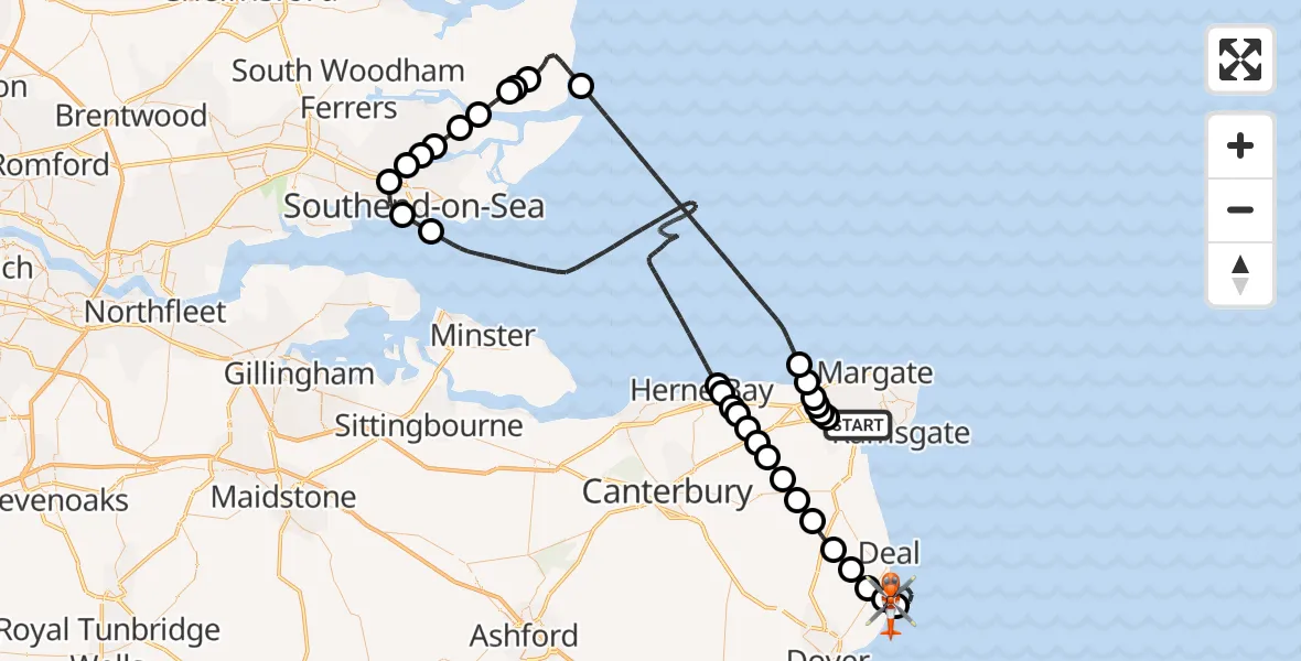 Flight path map showing Coastguard Helicopter route from Manston Airport to North Sea