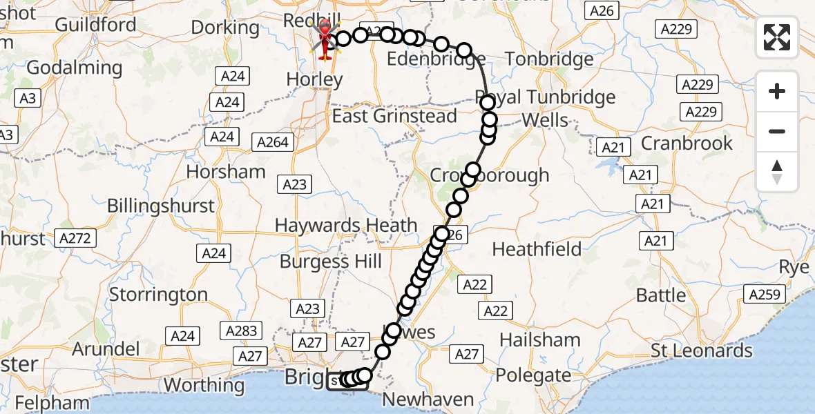 Flight path map showing Air Ambulance Helicopter route from Roedean to Redhill Aerodrome