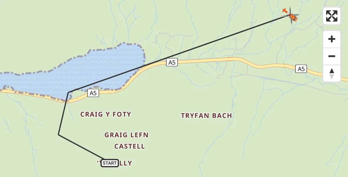 Flight path map showing Coastguard Helicopter route from Capel Curig to Capel Curig