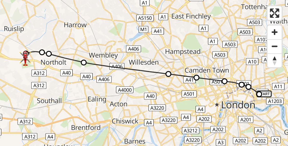 Flight path map showing Air Ambulance Helicopter route from Royal London Hospital to RAF Northolt