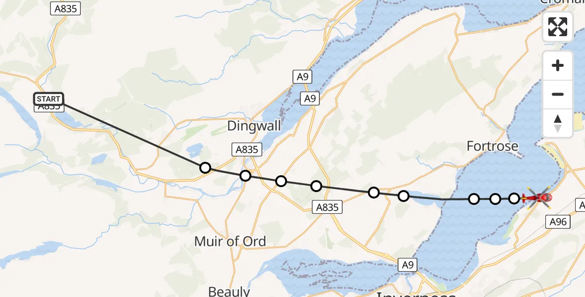 Flight path map showing Air Ambulance Helicopter route from Garve to Inverness