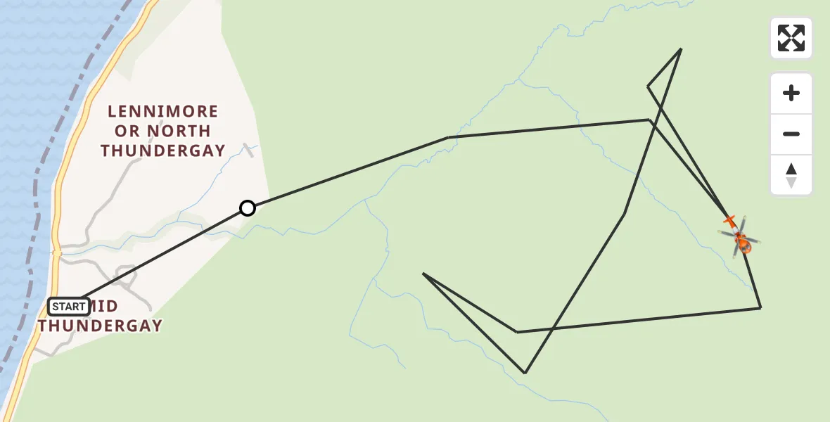 Flight path map showing Coastguard Helicopter route from Inner Seas to Lennimore or North Thundergay