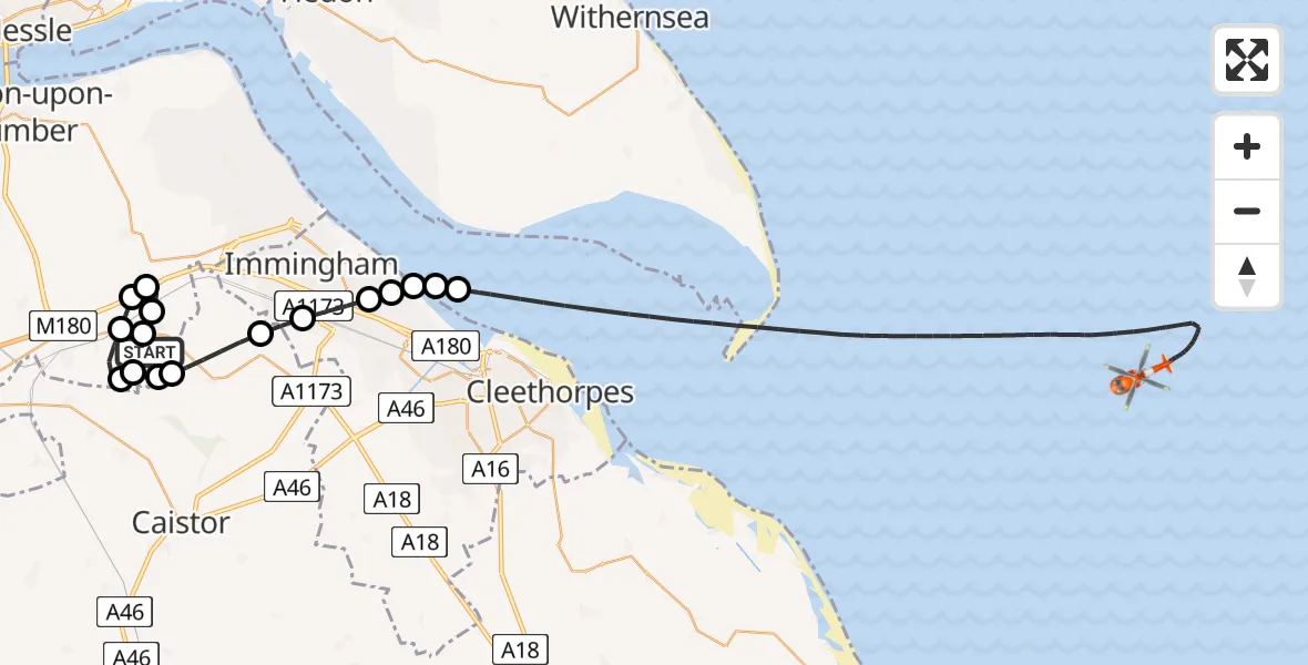Flight path map showing Coastguard Helicopter route from Humberside Airport to North Sea