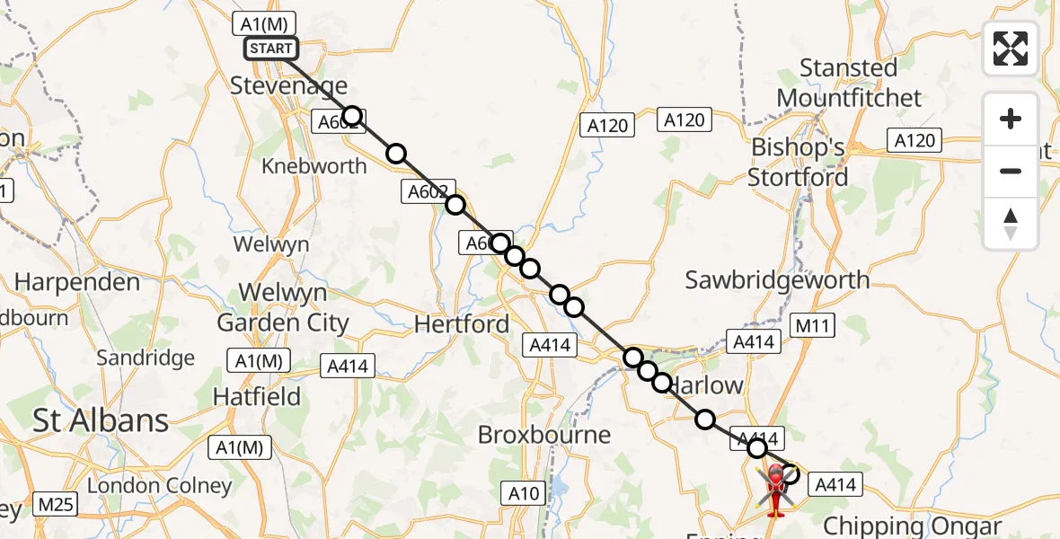 Flight path map showing Air Ambulance Helicopter route from Stevenage to North Weald Airfield