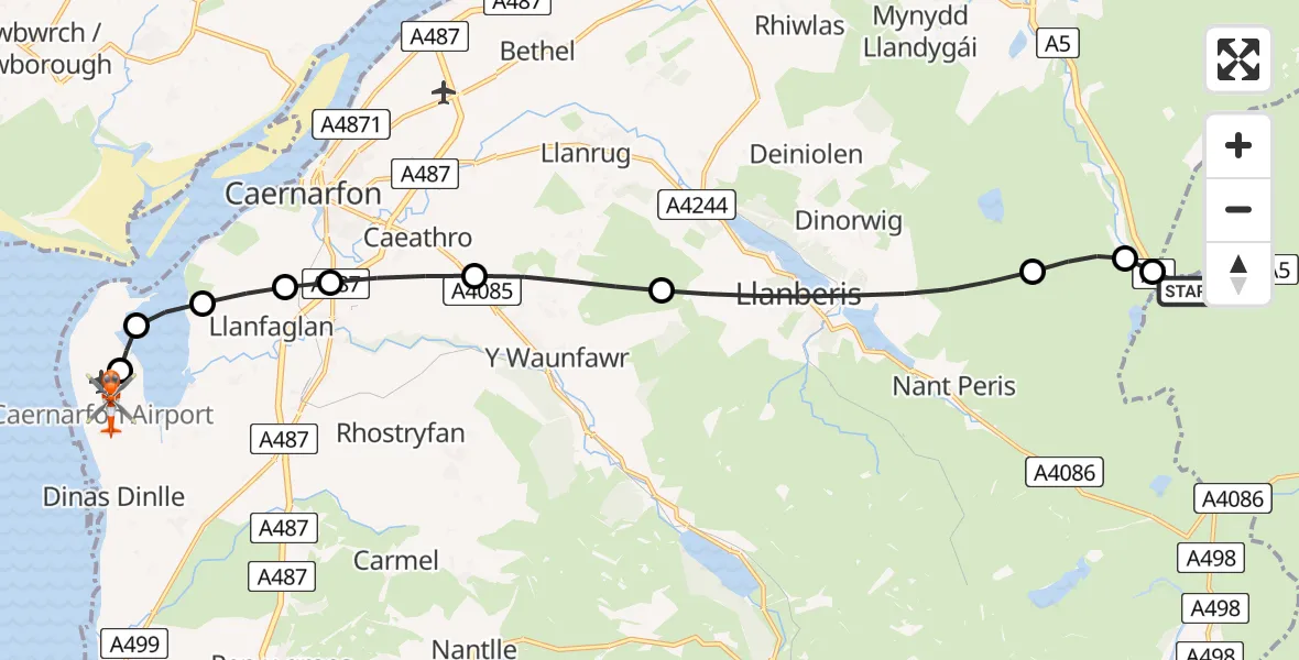 Flight path map showing Coastguard Helicopter route from Capel Curig to Caernarfon Airport