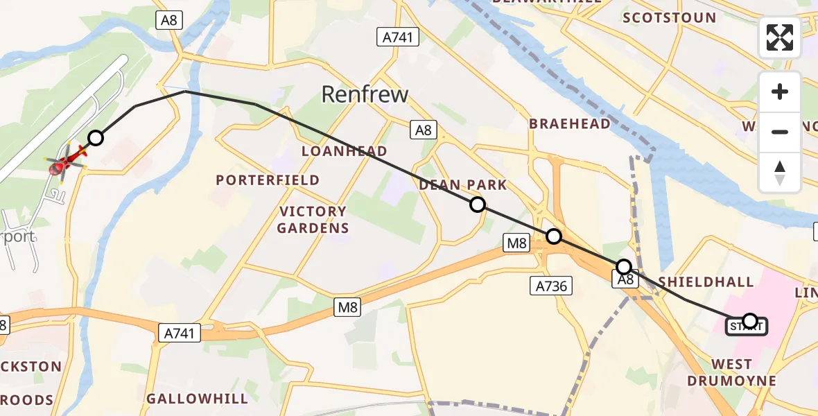 Flight path map showing Air Ambulance Helicopter route from Queen Elizabeth Hospital to Glasgow Airport