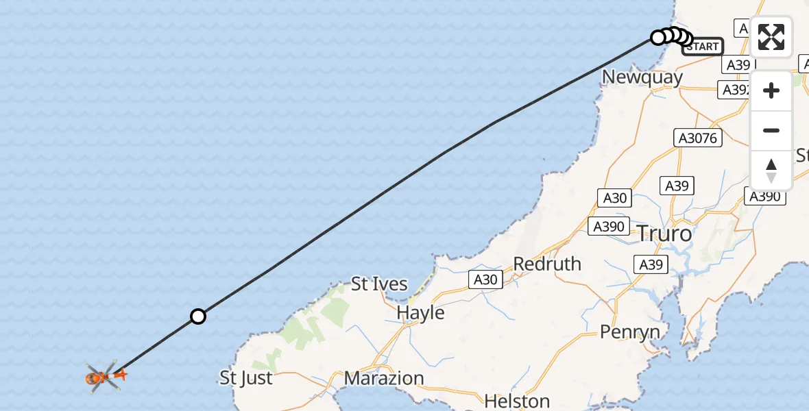 Flight path map showing Coastguard Helicopter route from Cornwall Airport Newquay to North Atlantic Ocean