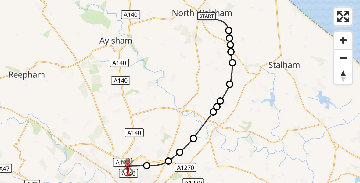 Flight path map showing Air Ambulance Helicopter route from North Walsham to Norwich Airport