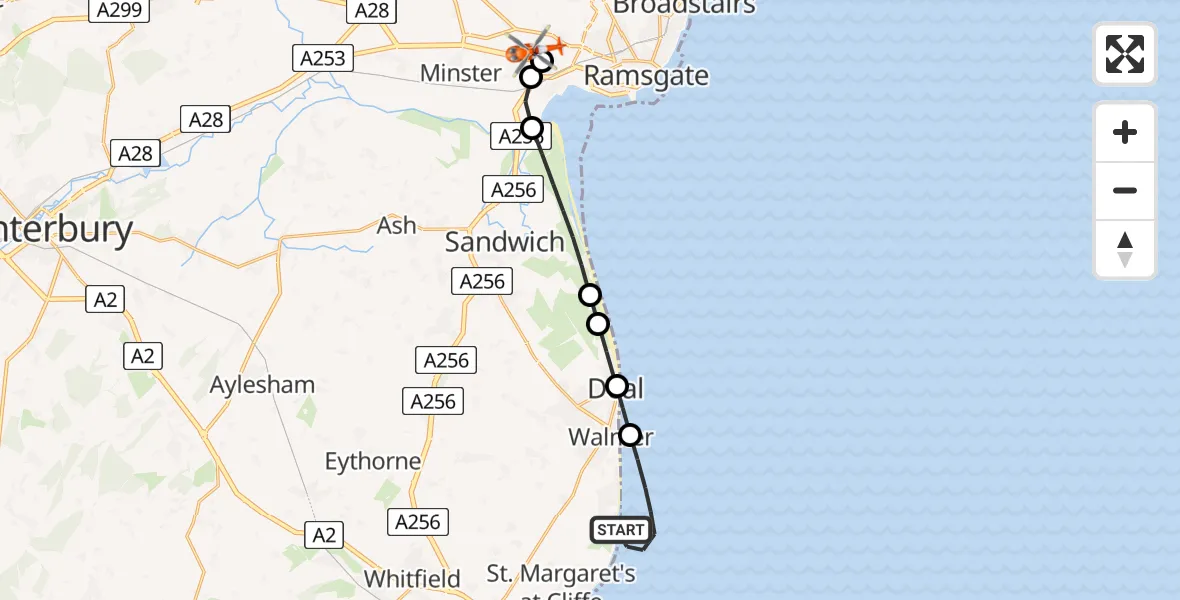 Flight path map showing Coastguard Helicopter route from North Sea to Manston Airport