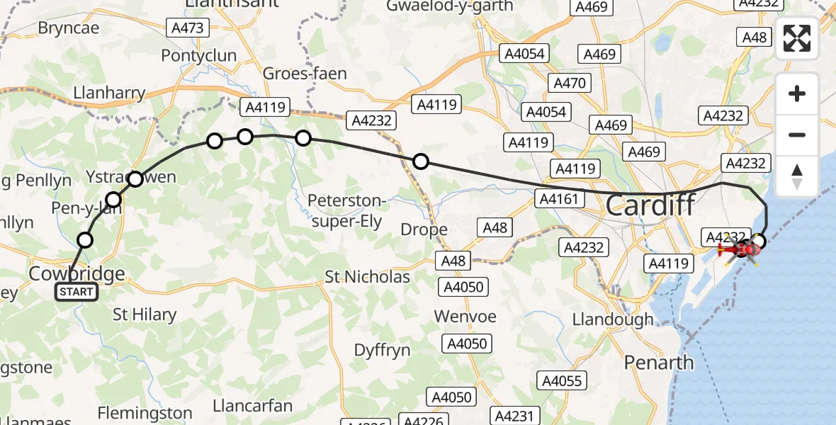 Routekaart van de vlucht: Air Ambulance Helicopter to Cardiff Heliport
