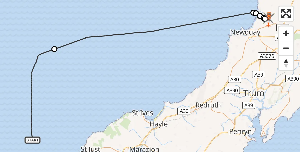 Flight path map showing Coastguard Helicopter route from North Atlantic Ocean to Cornwall Airport Newquay