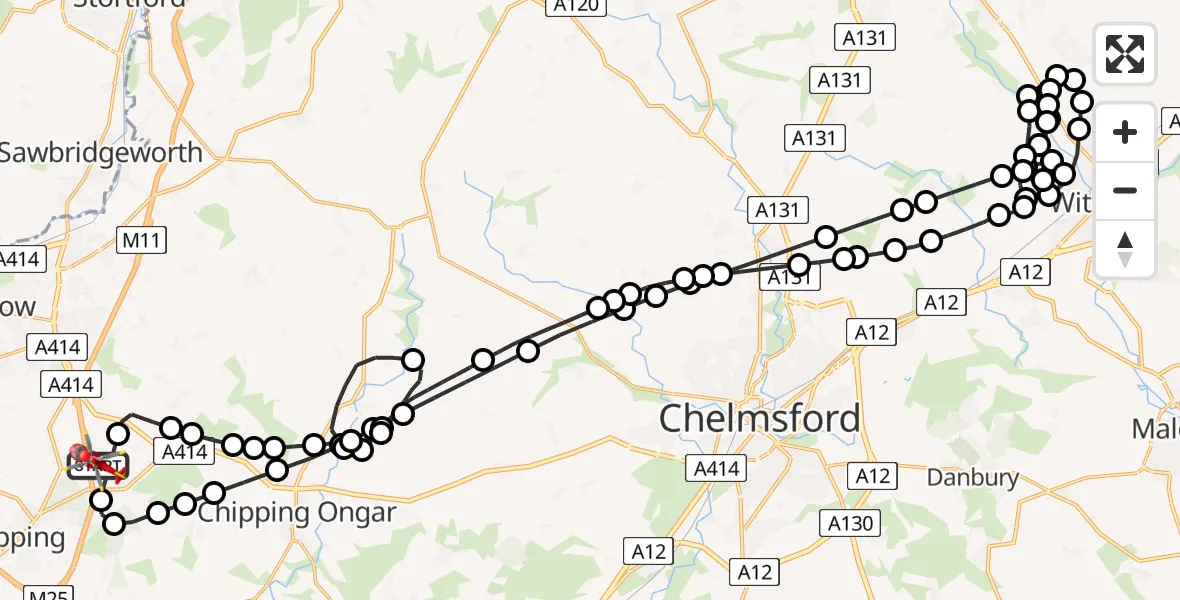 Flight path map showing Air Ambulance Helicopter route from North Weald Airfield to North Weald Airfield