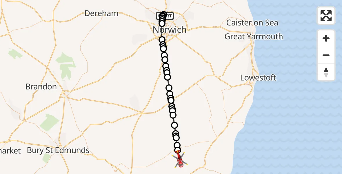 Flight path map showing Air Ambulance Helicopter route from Norwich Airport to Framlingham