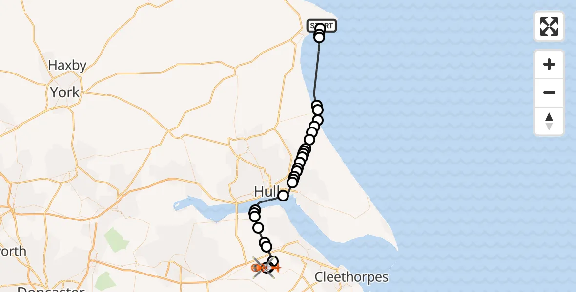 Flight path map showing Coastguard Helicopter route from Sewerby to Humberside Airport