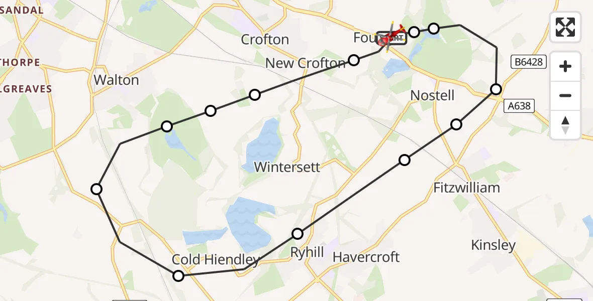 Flight path map showing Air Ambulance Helicopter route from YAA Nostell Helicopter Port to YAA Nostell Helicopter Port
